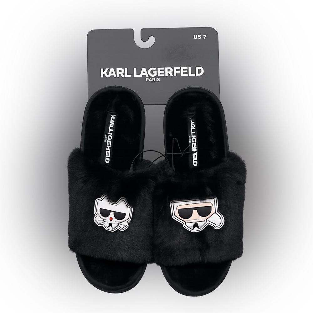 🆕 Karl Lagerfeld Paris Wmn Blk Faux Fur Slides Ikonik Karl/Choupette Sandals #7